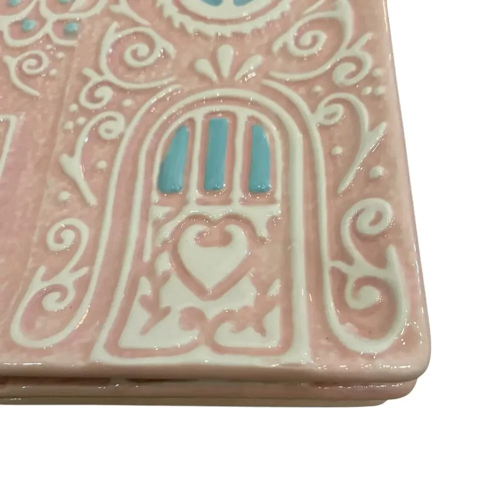Godinger Pastel Pink Gingerbread House 6in Ceramic Appetizer Plates New